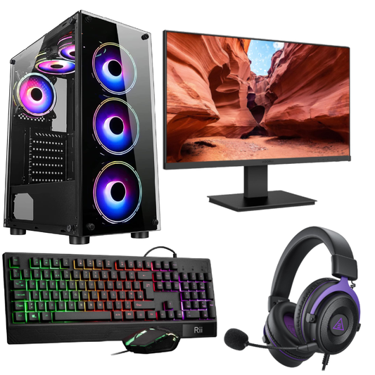 Full PC Setup Bundle - Raytracing RTX 4060 8GB - AMD Ryzen 5 5600, 24 inch Gaming Monitor, RGB Keyboard, Mouse, Headset